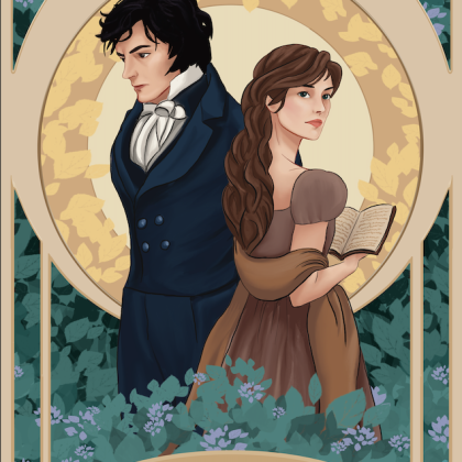 Illustrated Poster of Elizabeth and Darcy from Pride and Prejudice (2005), in an Art Nouveau style.